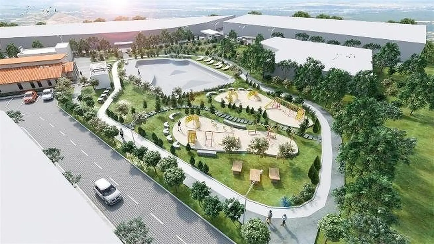 Render del parque urbano de Támesis con senderos y zonas verdes